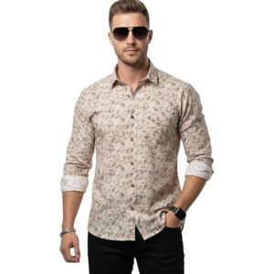casual green leaf printed cotton stretch shirt